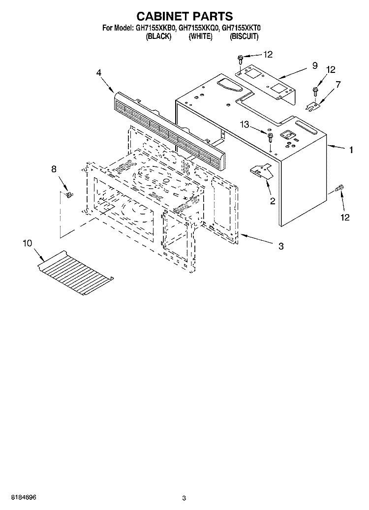 CABINET Diagram and Parts List for GH7155XKB0  Whirlpool Microwave