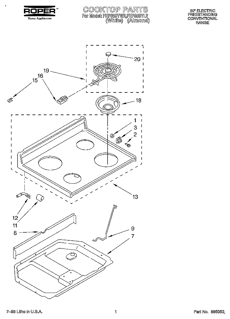 COOKTOP Diagram and Parts List for FEP350YL2  Roper Range