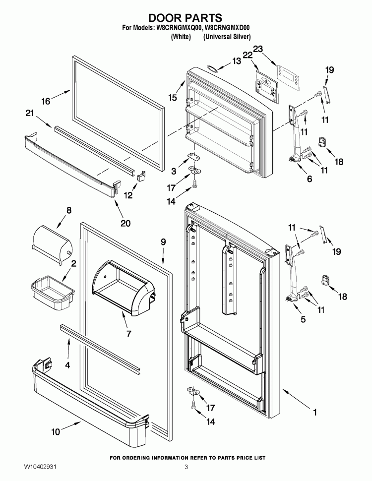 DOOR PARTS Diagram and Parts List for W8CRNGMXD00  Whirlpool Refrigerator