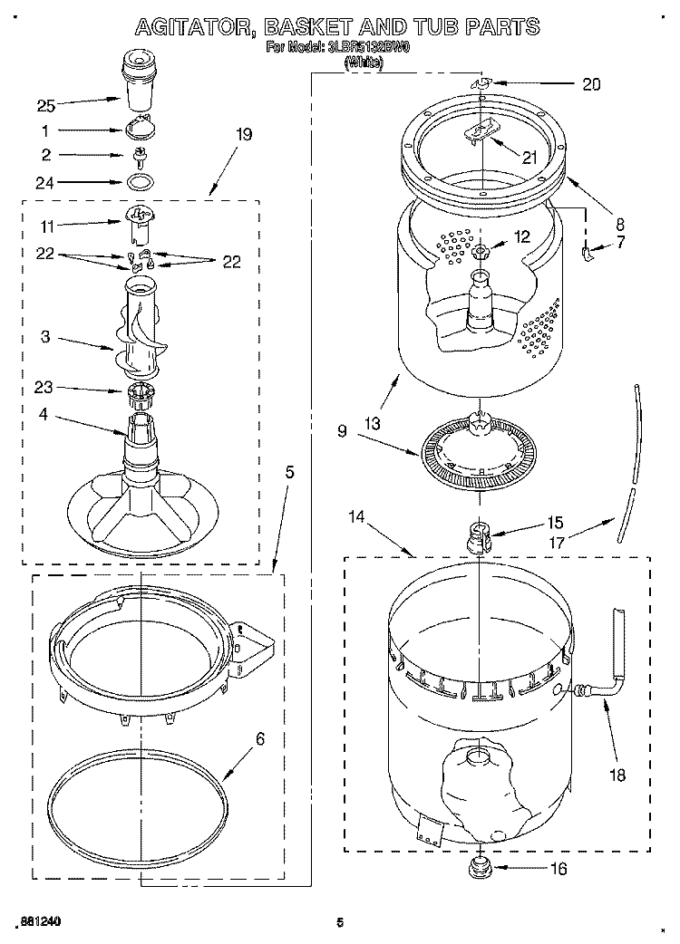 AGITATOR, BASKET AND TUB Diagram and Parts List for 3LBR5132BW0  Whirlpool Washer