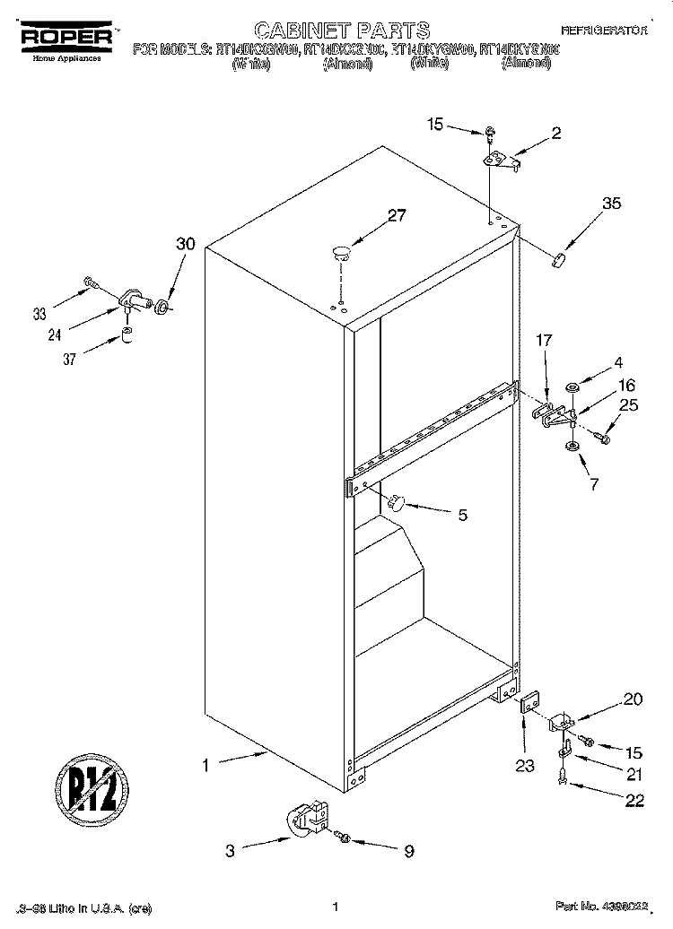 CABINET Diagram and Parts List for RT14DKYGW00  Roper Refrigerator