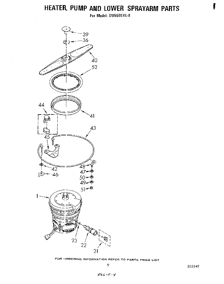 HEATER, PUMP AND LOWER SPRAY ARM Diagram and Parts List for DU5500XL0  Whirlpool Dishwasher