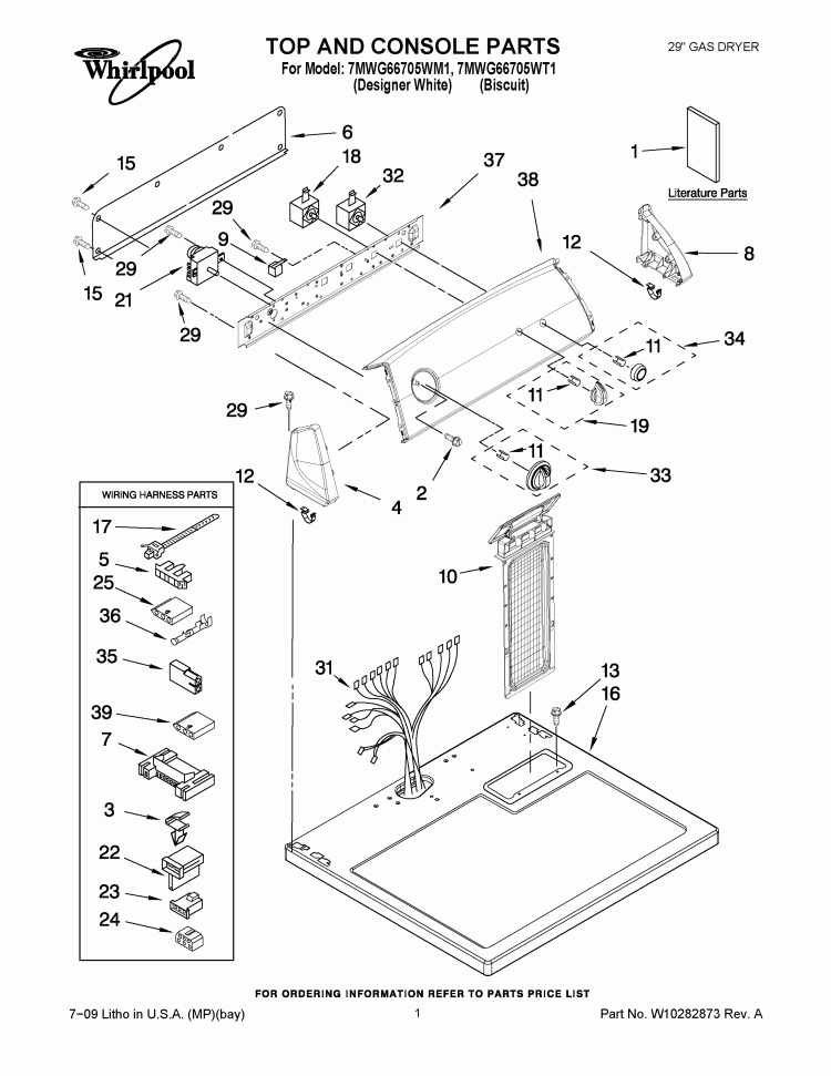 TOP AND CONSOLE PARTS Diagram and Parts List for 7MWG66705WM1  Whirlpool Dryer