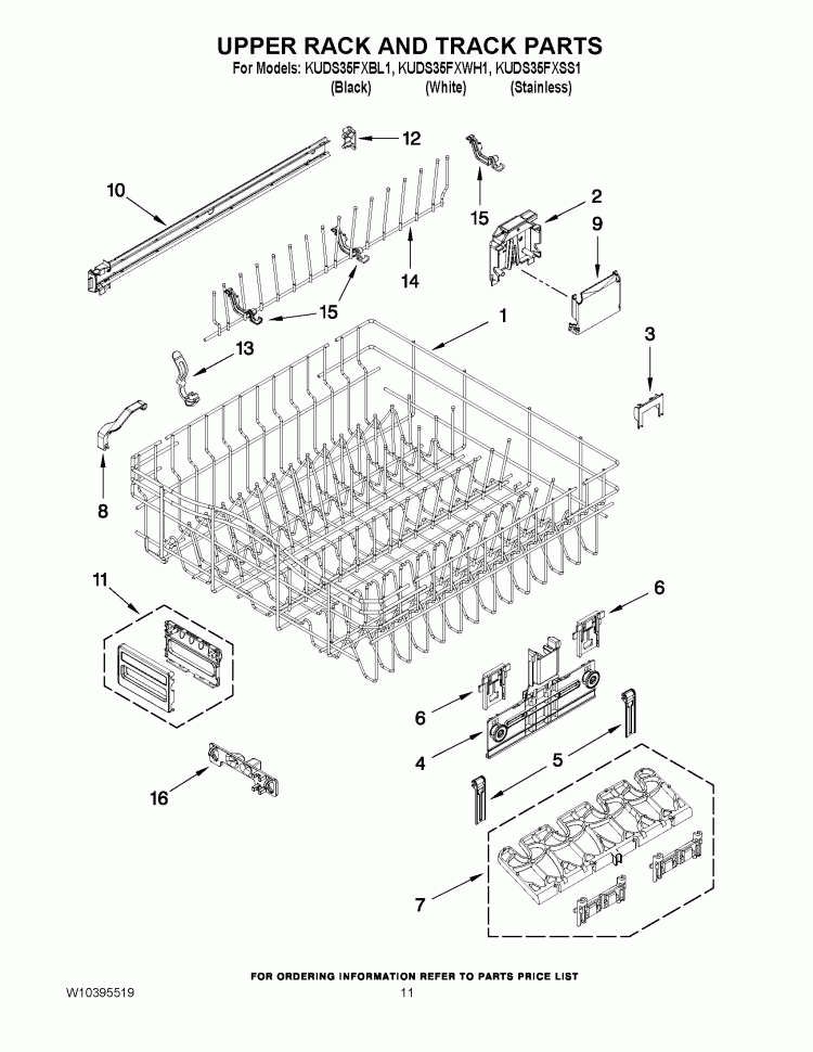 UPPER RACK AND TRACK PARTS Diagram and Parts List for KUDS35FXWH1  KitchenAid Dishwasher
