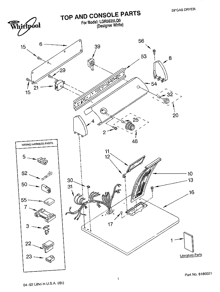 TOP AND CONSOLE PARTS Diagram and Parts List for LGR5635LQ0  Whirlpool Dryer