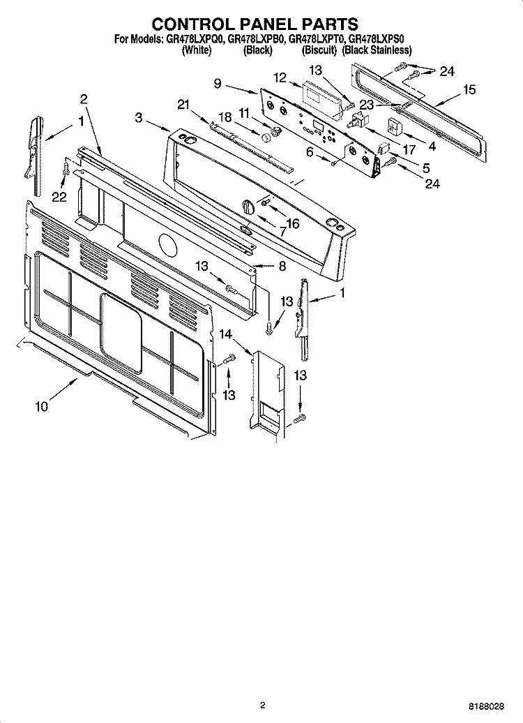 CONTROL PANEL PARTS Diagram and Parts List for GR478LXPT0  Whirlpool Range