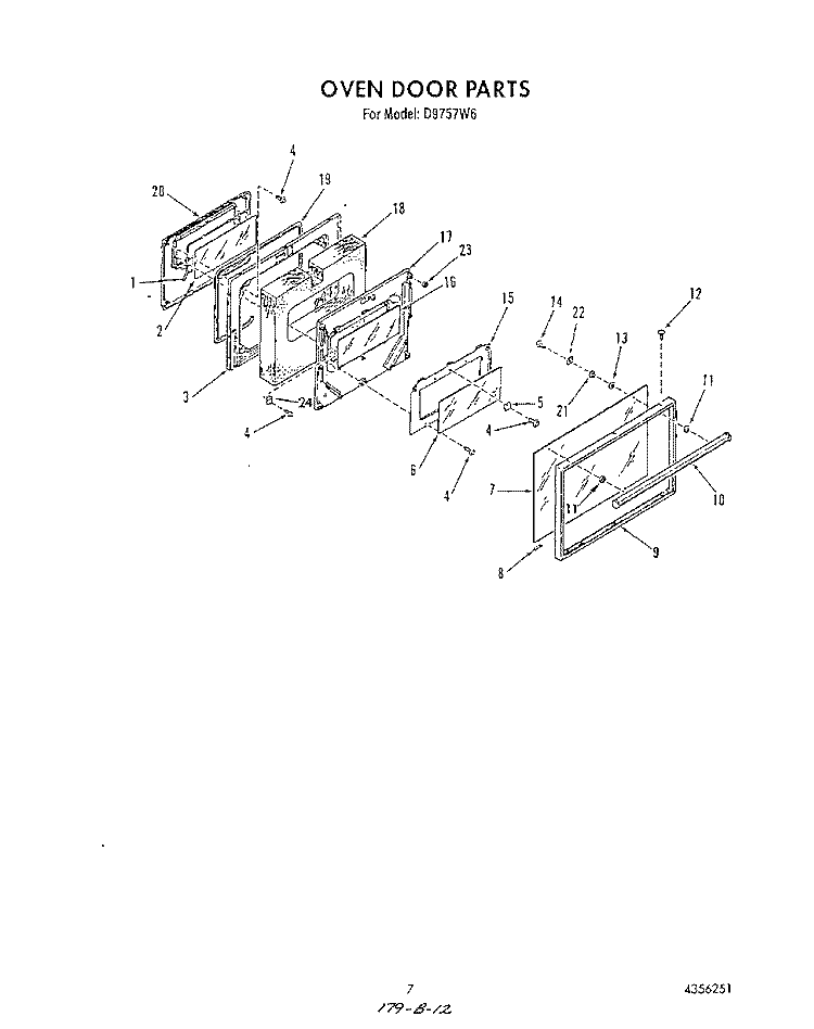 OVEN DOOR Diagram and Parts List for D9757^6  Whirlpool Range