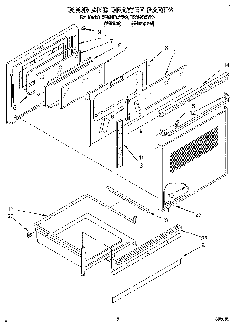 DOOR AND DRAWER Diagram and Parts List for RF396PCYW3  Whirlpool Range