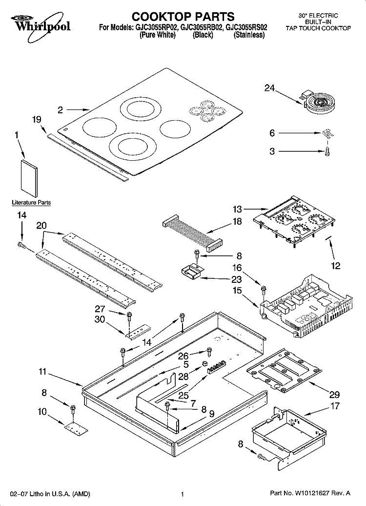 COOKTOP PARTS, OPTIONAL PARTS (NOT INCLUDED) Diagram and Parts List for GJC3055RB02  Whirlpool Cooktop