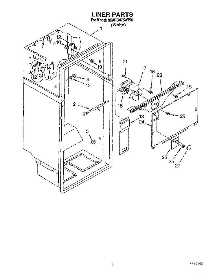 LINER Diagram and Parts List for 3XARG475WP01  Whirlpool Refrigerator