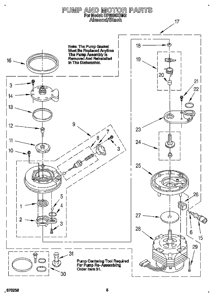 PUMP AND MOTOR Diagram and Parts List for DP8500XBN2  Whirlpool Dishwasher