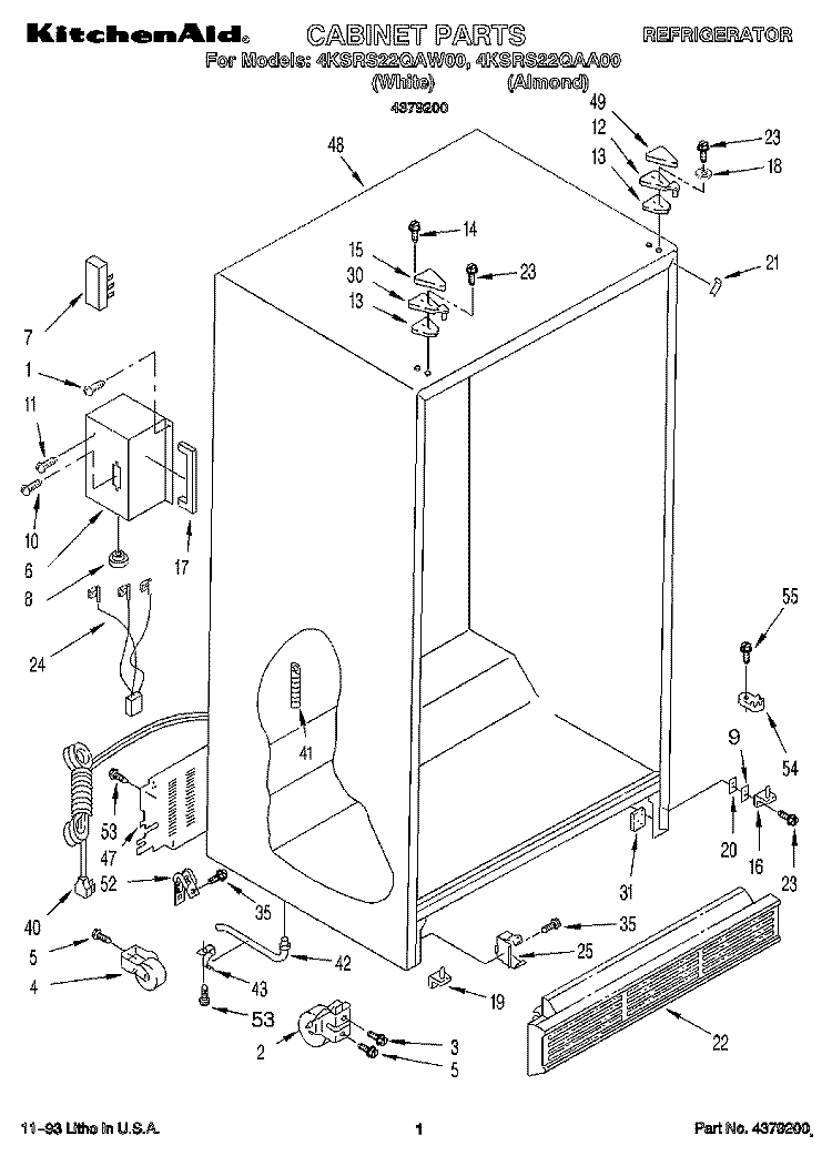 CABINET Diagram and Parts List for 4KSRS22QAA00  KitchenAid Refrigerator