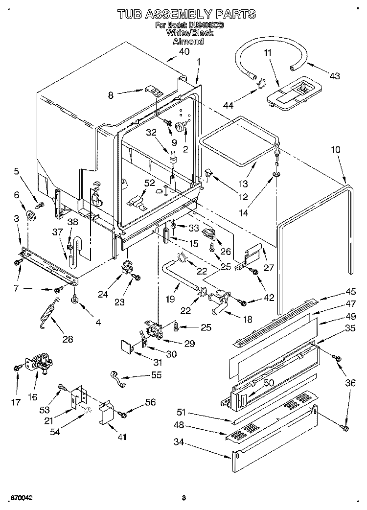 TUB ASSEMBLY, LIT/OPTIONAL Diagram and Parts List for DU8400XX3  Whirlpool Dishwasher