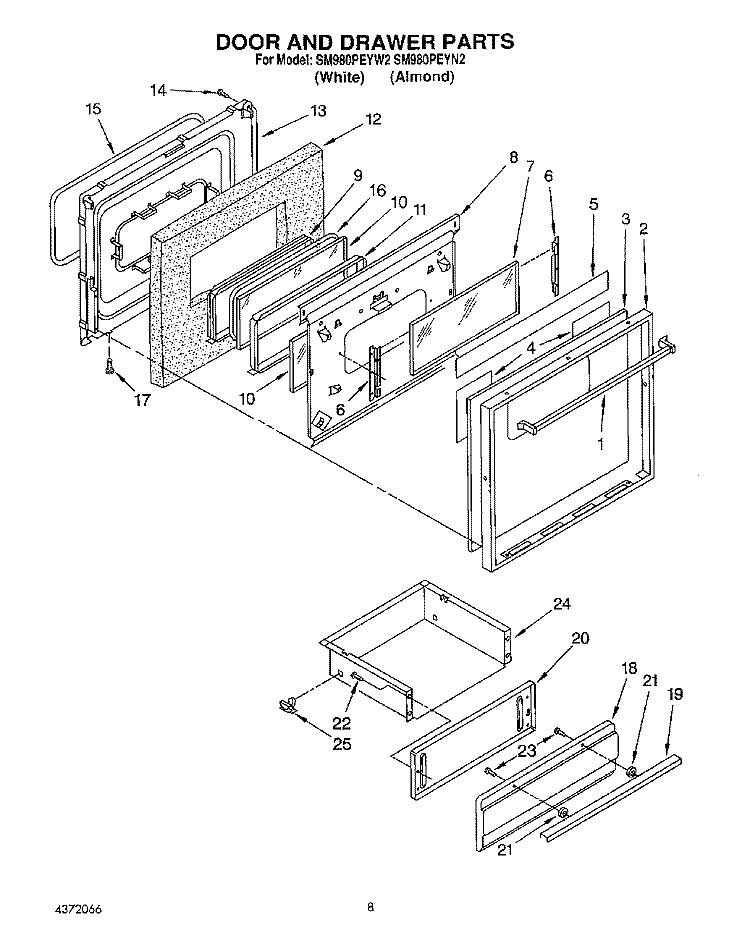 DOOR AND DRAWER Diagram and Parts List for SM980PEYN2  Whirlpool Microwave Oven Combo