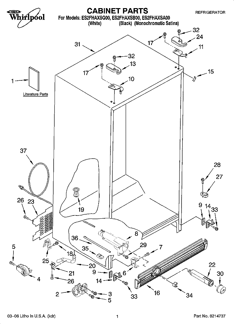 CABINET PARTS Diagram and Parts List for ES2FHAXSQ00  Whirlpool Refrigerator