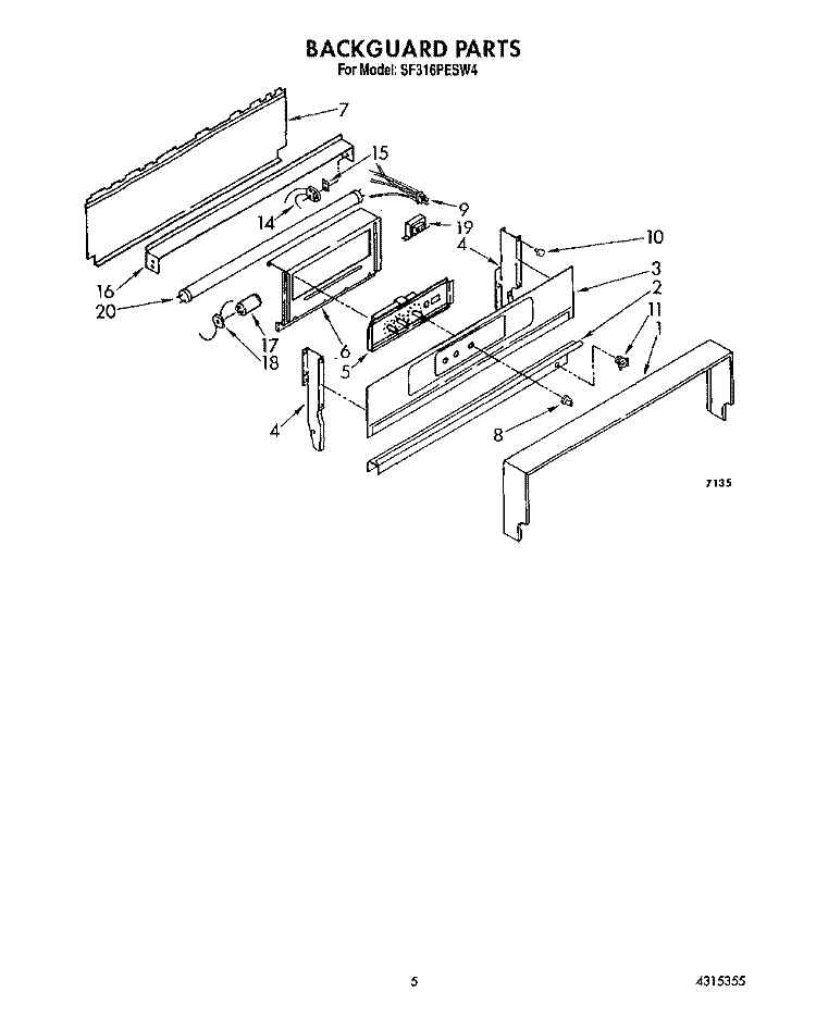 BACKGUARD Diagram and Parts List for SF316PESW4  Whirlpool Range