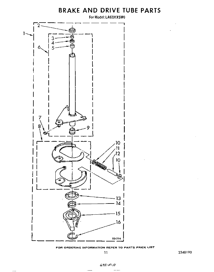 BRAKE AND DRIVE TUBE Diagram and Parts List for LA6301XSW0  Whirlpool Washer