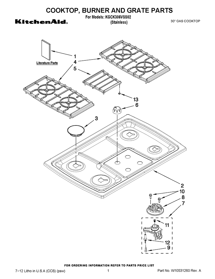 COOKTOP, BURNER AND GRATE PARTS Diagram and Parts List for KGCK306VSS02  KitchenAid Cooktop
