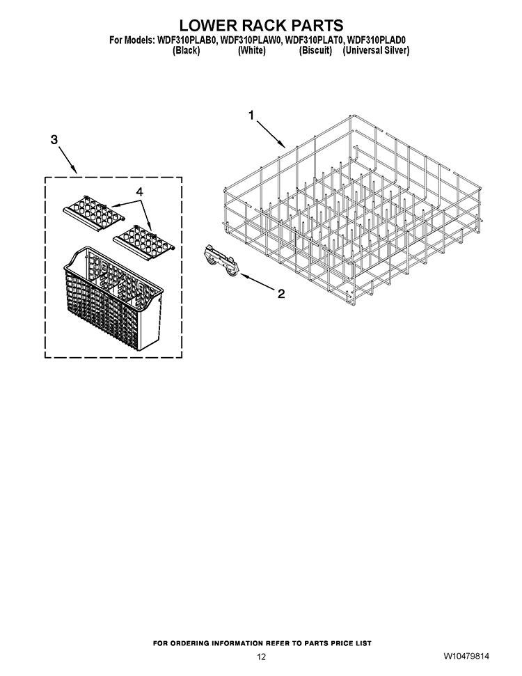 LOWER RACK PARTS Diagram and Parts List for WDF310PLAD0  Whirlpool Dishwasher