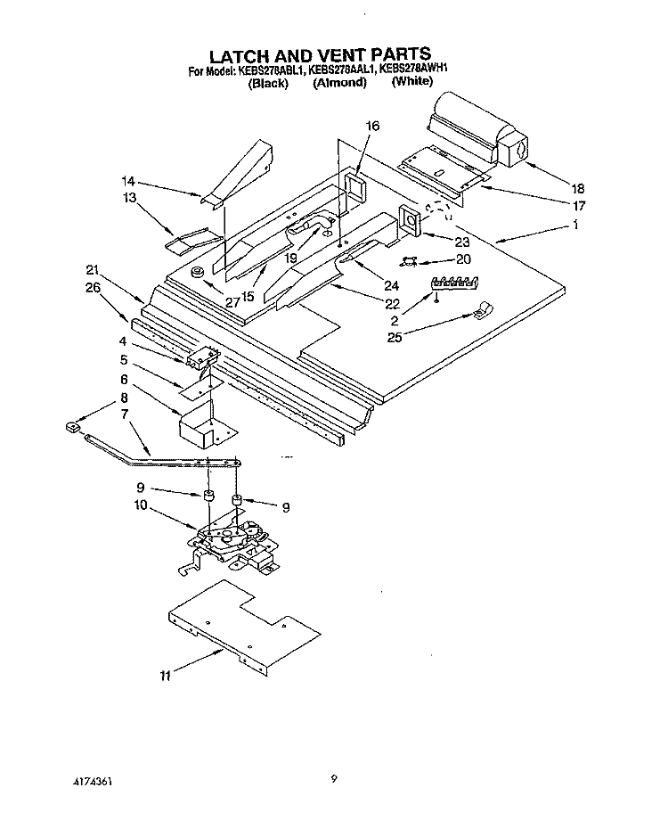 LATCH AND VENT Diagram and Parts List for KEBS278ABL1  KitchenAid Wall Oven