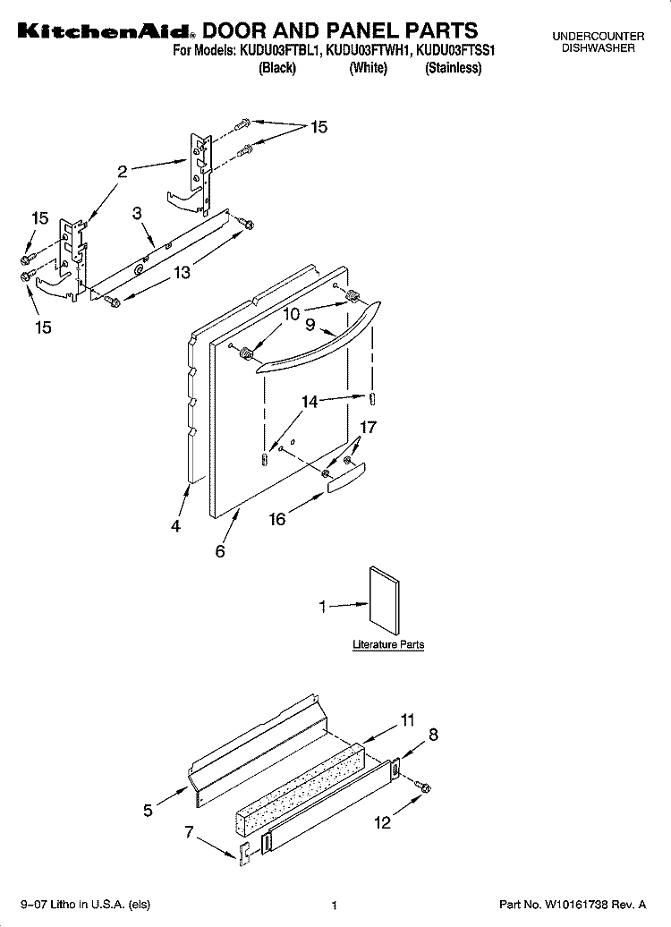 DOOR AND PANEL PARTS Diagram and Parts List for KUDU03FTWH1  KitchenAid Dishwasher