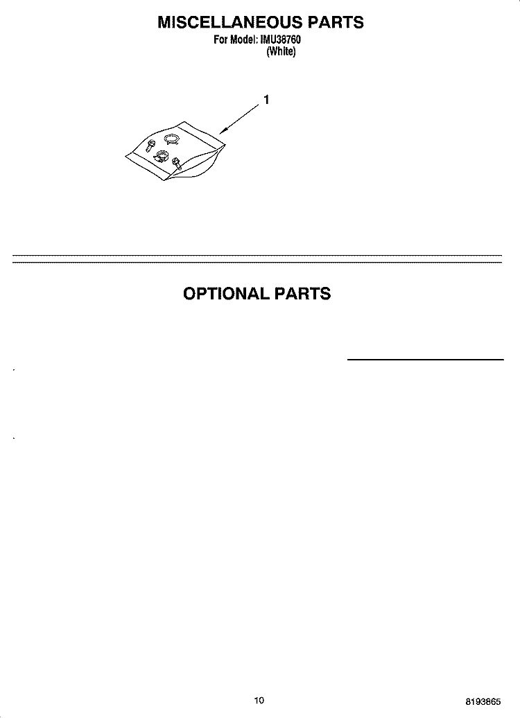 MISCELLANEOUS  PARTS, OPTIONAL PARTS Diagram and Parts List for IMU38760  Inglis Dishwasher