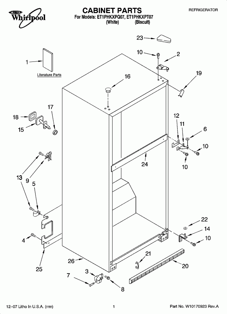 CABINET PARTS Diagram and Parts List for ET1PHKXPQ07  Whirlpool Refrigerator