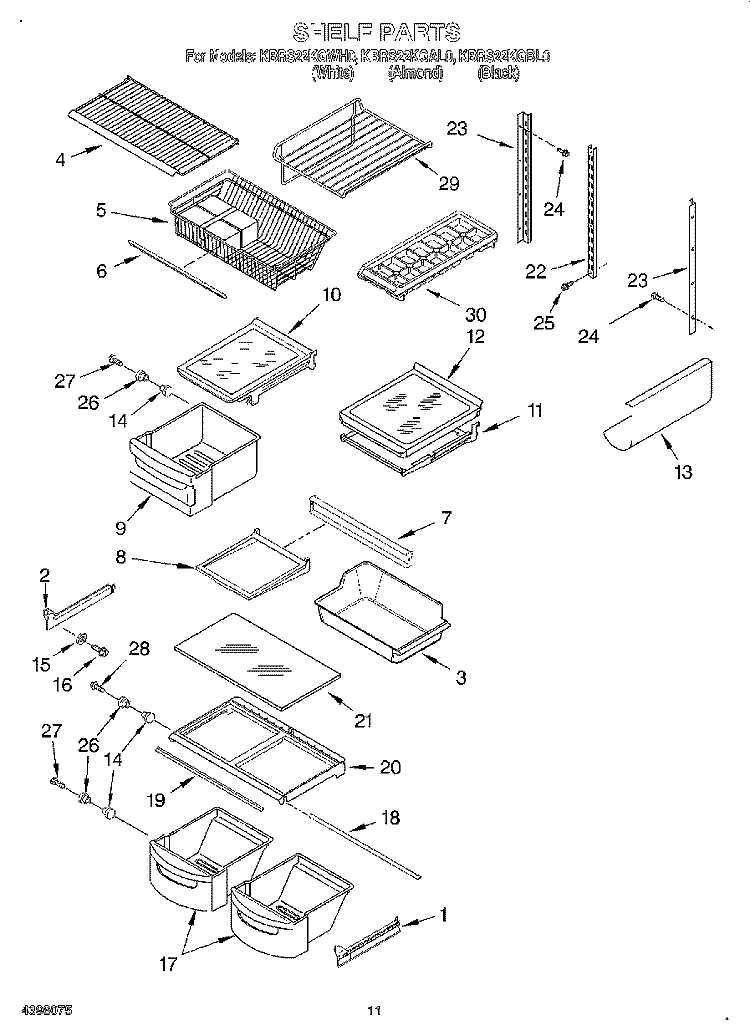 SHELF, LIT/OPTIONAL Diagram and Parts List for KBRS22KGAL0  KitchenAid Refrigerator