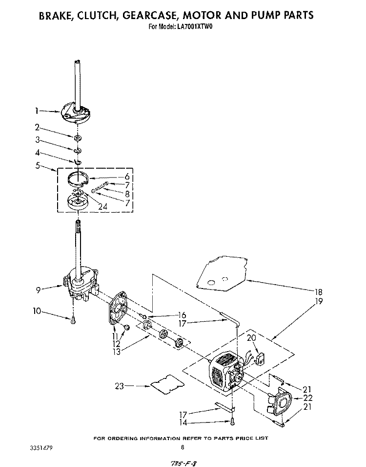 BRAKE, CLUTCH, GEARCASE, MOTOR AND PUMP Diagram and Parts List for LA7001XTW0  Whirlpool Washer