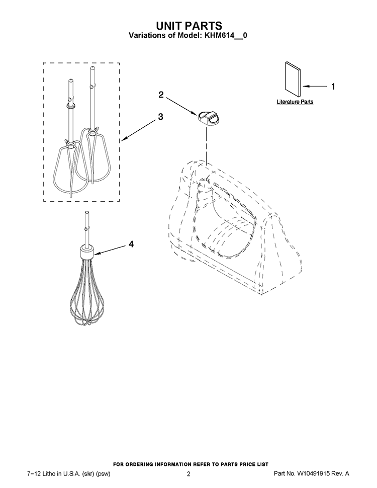 UNIT PARTS Diagram and Parts List for KHM614WH0  KitchenAid Mixer