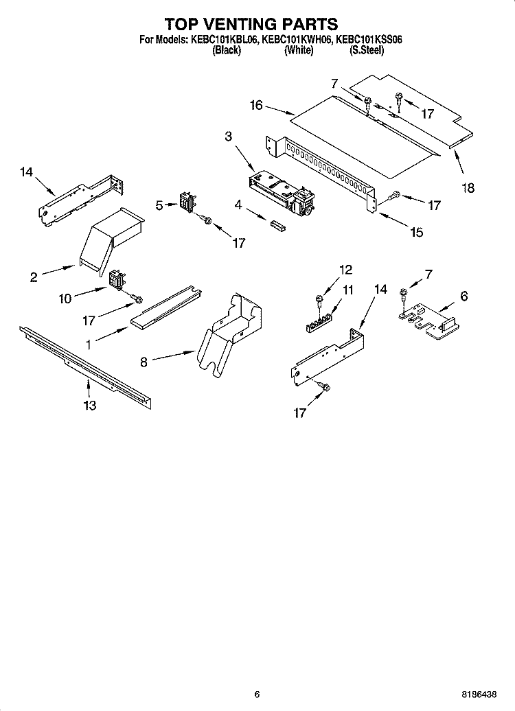 TOP VENTING PARTS, OPTIONAL PARTS Diagram and Parts List for KEBC101KBL06  KitchenAid Wall Oven