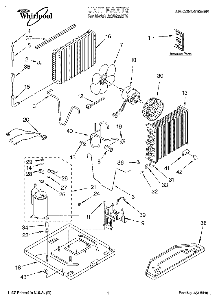 UNIT, LITERATURE Diagram and Parts List for ACQ122XD1  Whirlpool Air Conditioner