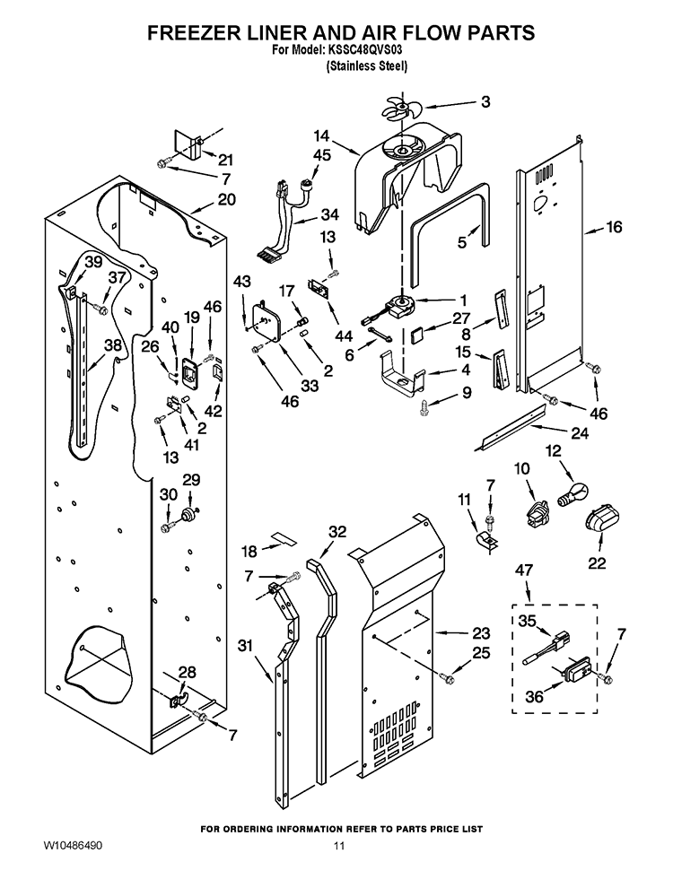 FREEZER LINER AND AIR FLOW PARTS Diagram and Parts List for KSSC48QVS03  KitchenAid Refrigerator