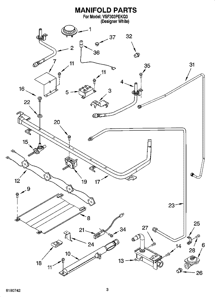 MANIFOLD PARTS Diagram and Parts List for VSF303PEKQ3  Whirlpool Range