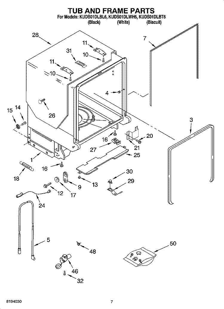 TUB AND FRAME PARTS Diagram and Parts List for KUDS01DLWH6  KitchenAid Dishwasher