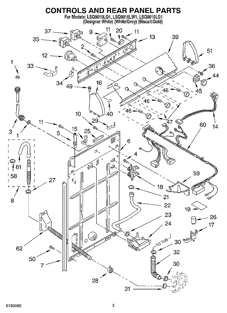 CONTROLS AND REAR PANEL PARTS Diagram and Parts List for LSQ9010LG1  Whirlpool Washer