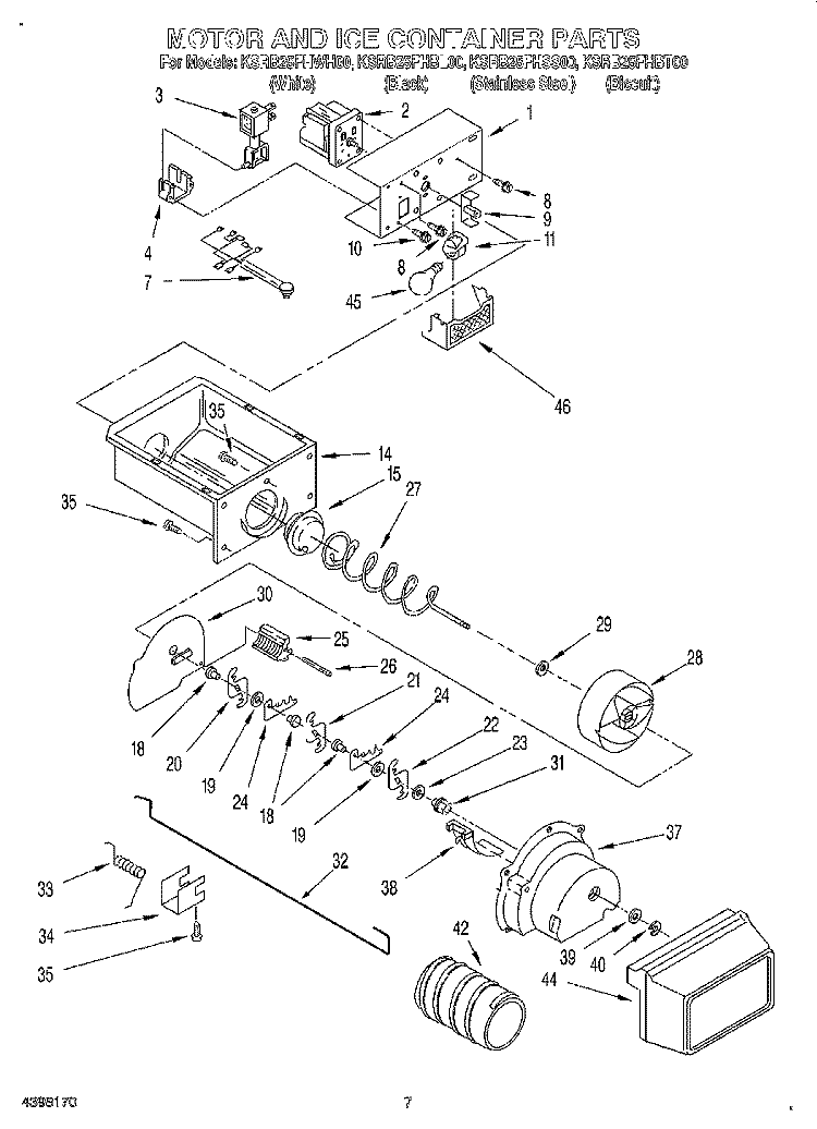 MOTOR AND ICE CONTAINER Diagram and Parts List for KSRB25FHBL00  KitchenAid Refrigerator