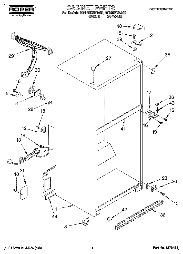 CABINET Diagram and Parts List for RT16DKXBW00  Roper Refrigerator