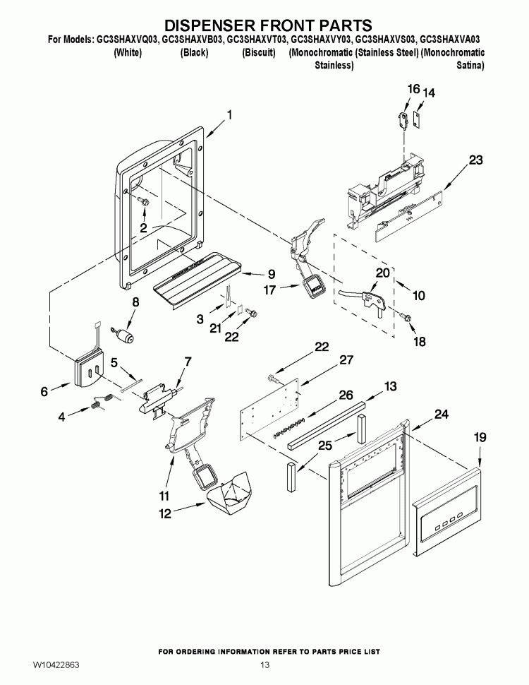 DISPENSER FRONT PARTS Diagram and Parts List for GC3SHAXVA03  Whirlpool Refrigerator