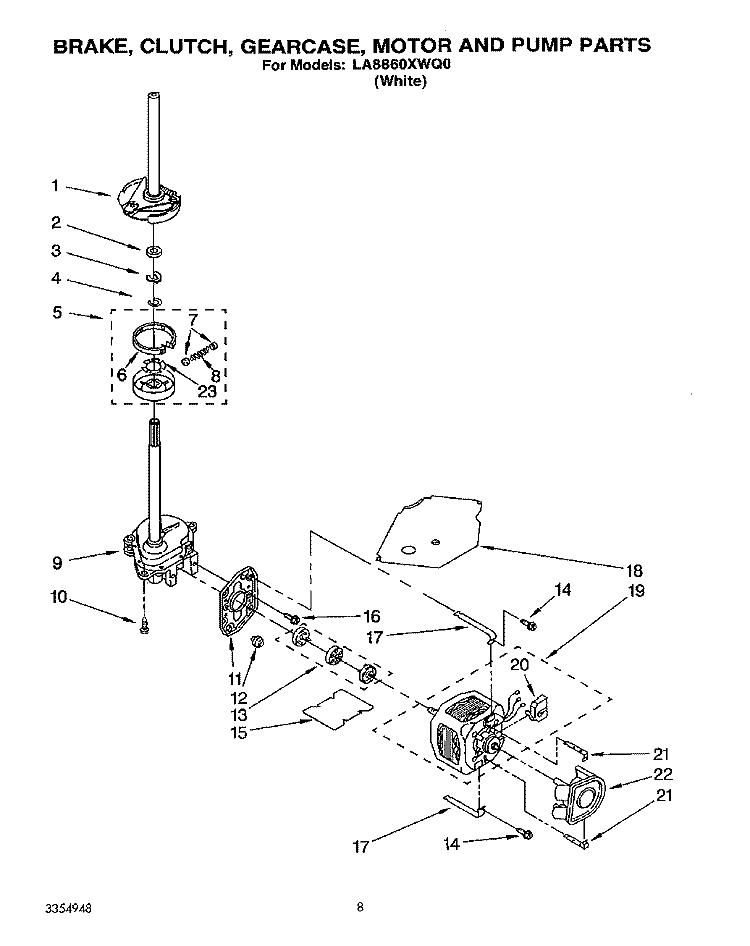 BRAKE, CLUTCH, GEARCASE, MOTOR AND PUMP Diagram and Parts List for LA8860XWQ0  Whirlpool Washer