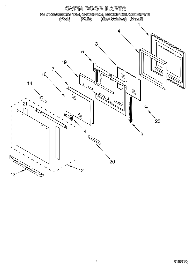 OVEN DOOR Diagram and Parts List for GMC305PDS5  Whirlpool Microwave Oven Combo