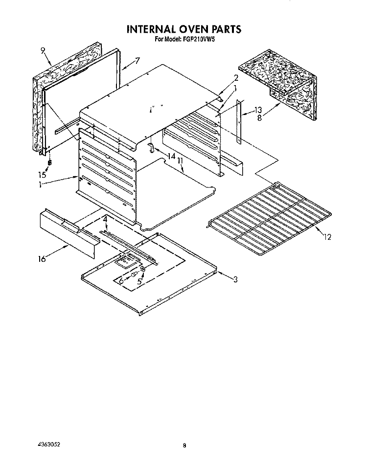 INTERNAL OVEN Diagram and Parts List for FGP210VL5  Whirlpool Range