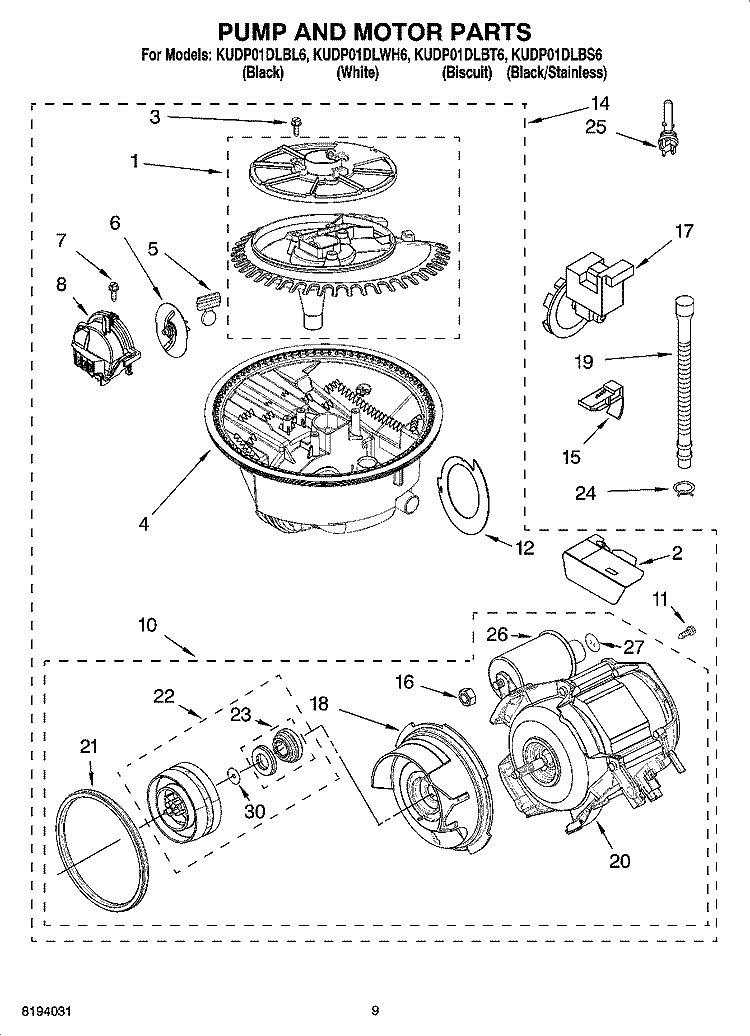 PUMP AND MOTOR PARTS Diagram and Parts List for KUDP01DLBL6  KitchenAid Dishwasher