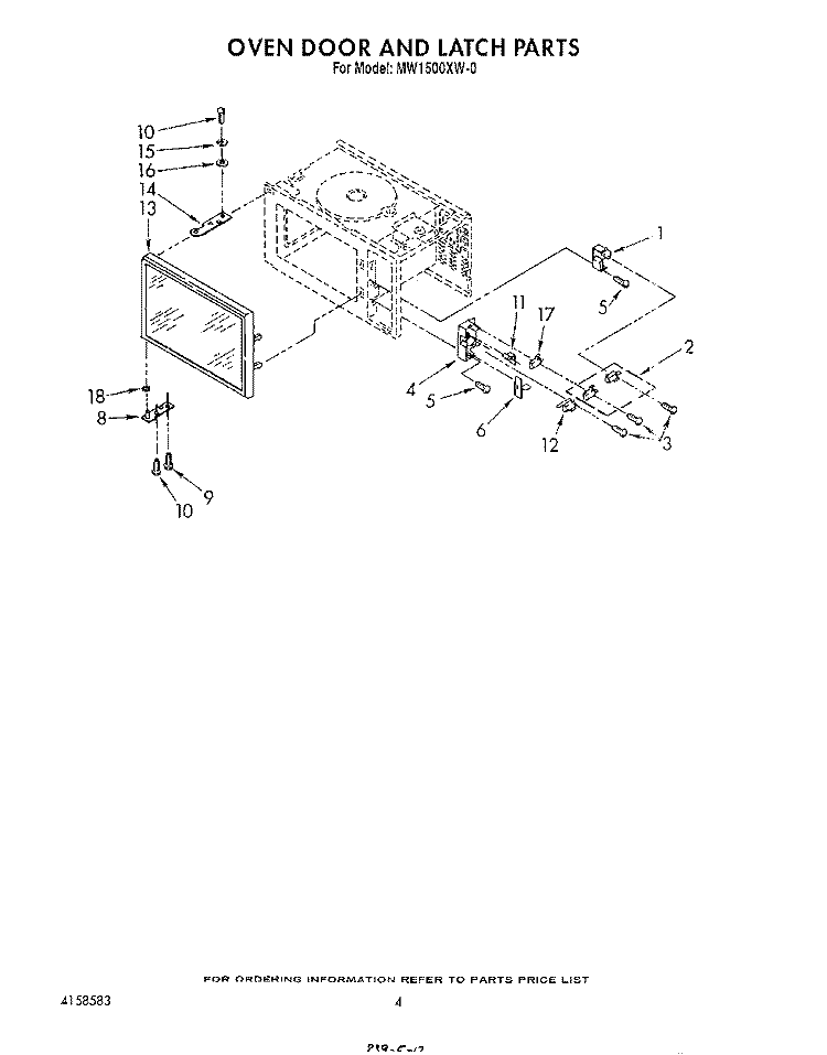 OVEN DOOR AND LATCH Diagram and Parts List for MW1500XW0  Whirlpool Wall Oven