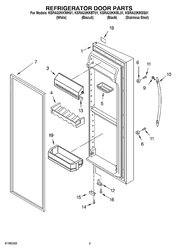 REFRIGERATOR DOOR Diagram and Parts List for KSRA22KKWH01  KitchenAid Refrigerator
