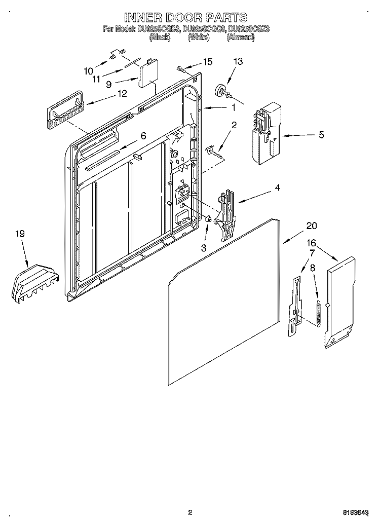 INNER DOOR Diagram and Parts List for DU925SCGQ3  Whirlpool Dishwasher