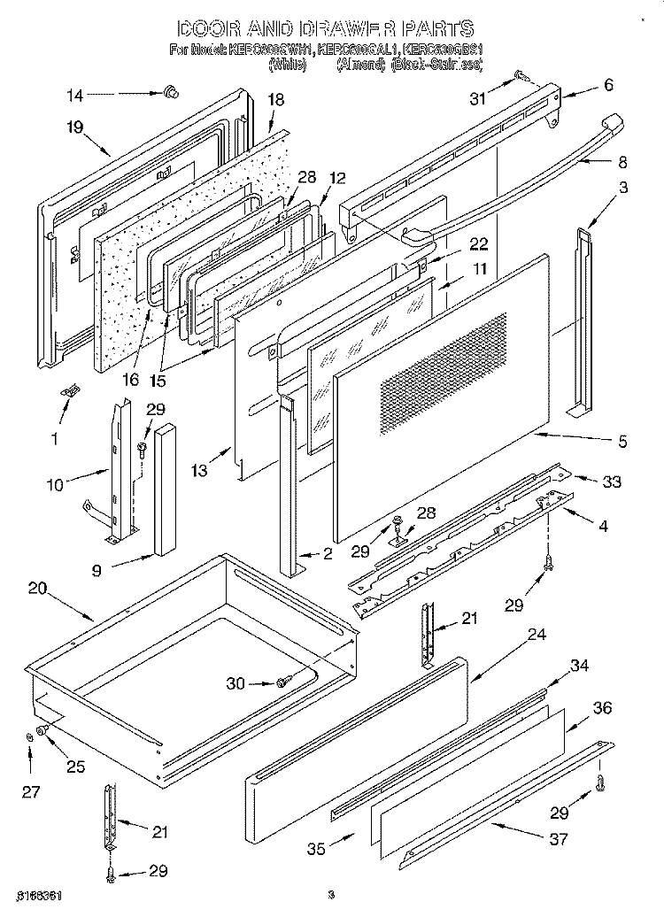 DOOR AND DRAWER Diagram and Parts List for KERC600GBS1  KitchenAid Range