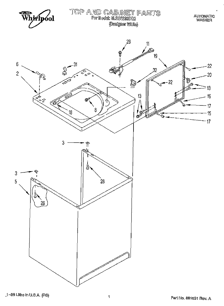 TOP AND CABINET Diagram and Parts List for 6LSS5232DQ2  Whirlpool Washer