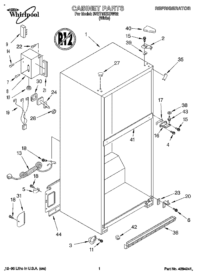 CABINET Diagram and Parts List for 3VET19ZKDW02  Whirlpool Refrigerator