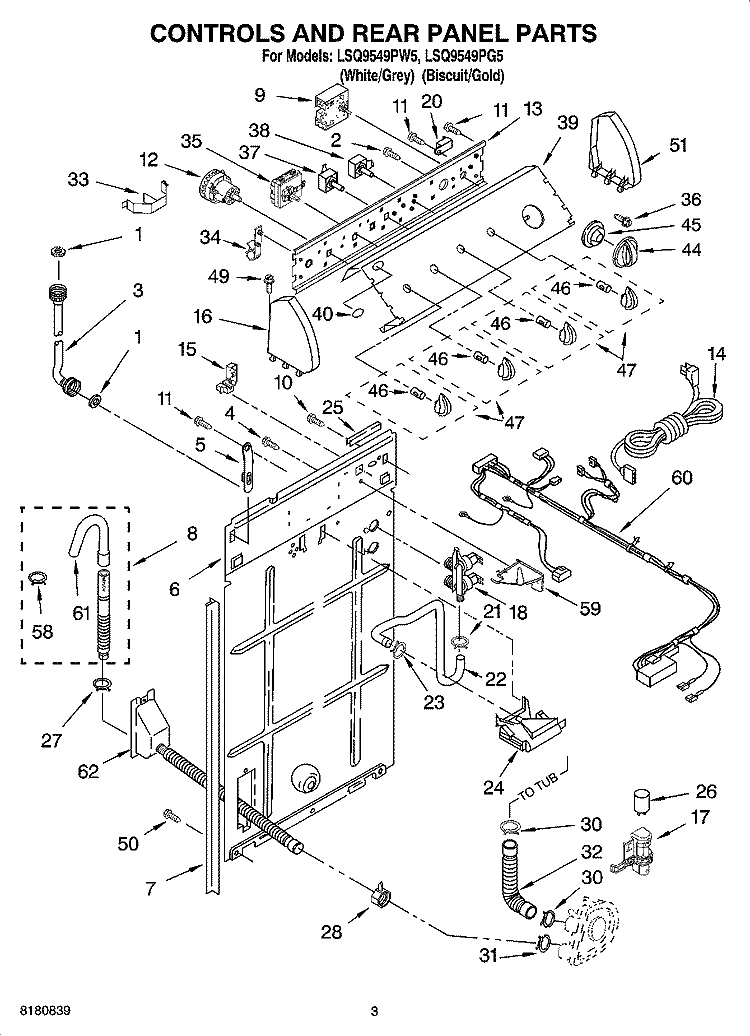 CONTROLS AND REAR PANEL PARTS Diagram and Parts List for LSQ9549PG5  Whirlpool Washer